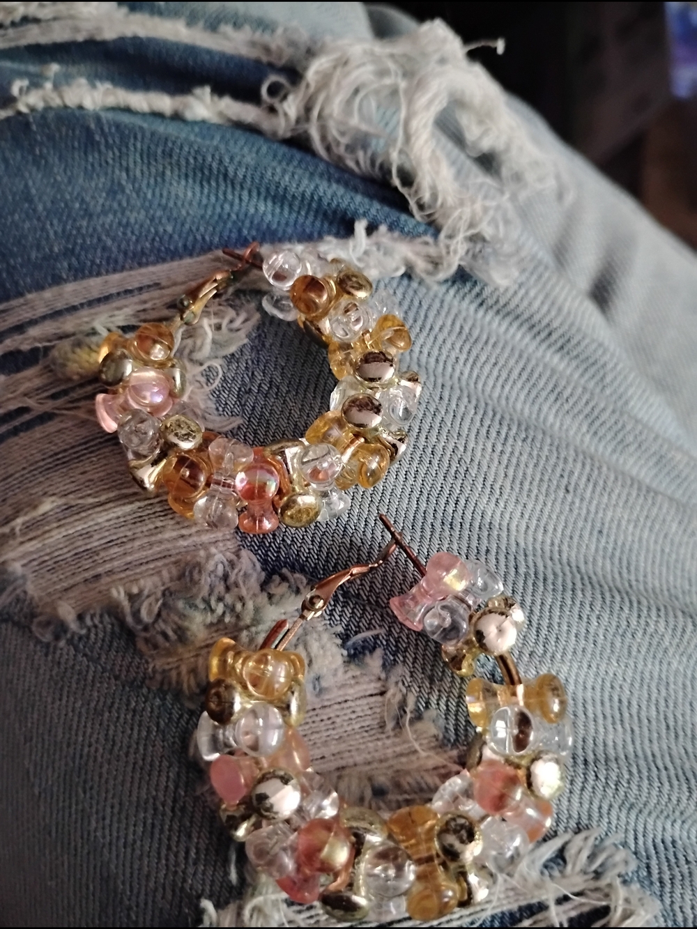Gold-Tone Hoop Earrings with Pink and Clear Beads